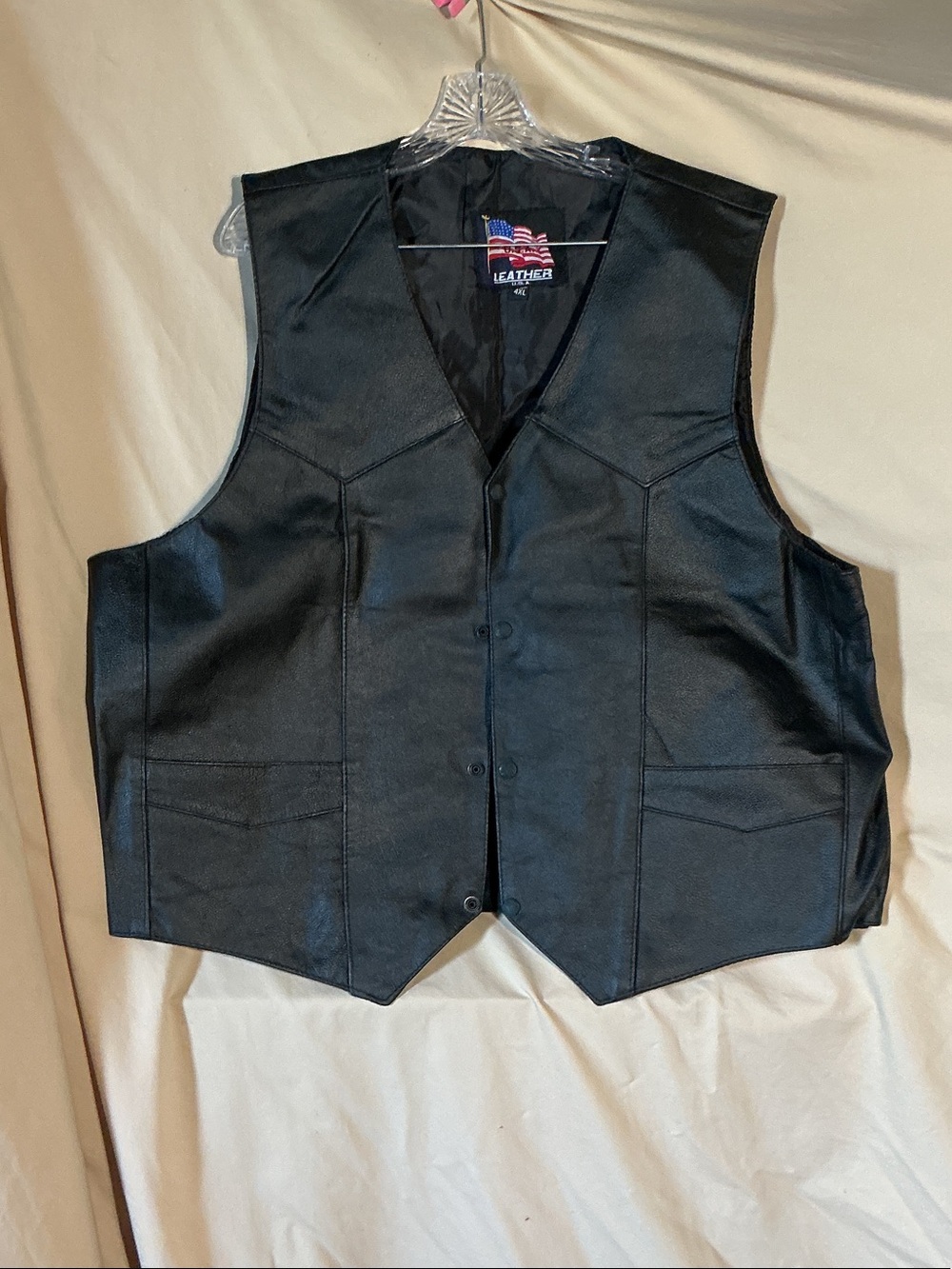 Men's Black Leather Snap-Front Vest - American Flag Label